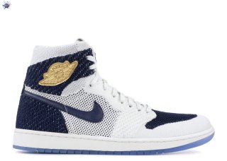 Meilleures Air Jordan 1 High Flyknit "Jeter" Blanc Marine Or (ah7233-105)